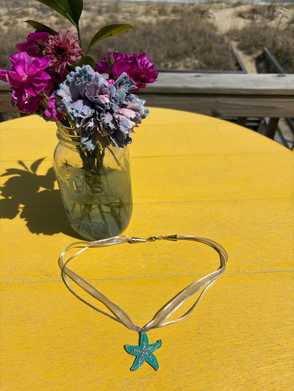 Silver Tone Ribbon Necklace with Turquoise Starfish Pendant Costume Jewelry